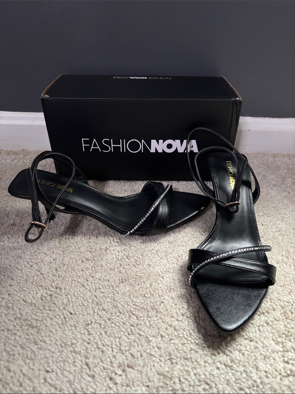Fashion Nova Black Rhinestone Strap Pointed Sandals